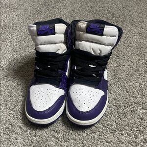 Nike (Jordan 1s) Kids Sneakers in Black, Purple, and White